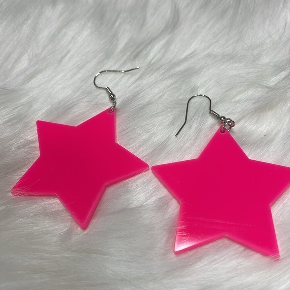 Pink Acrylic Star Silver Hook Earrings - Picture 13 of 14